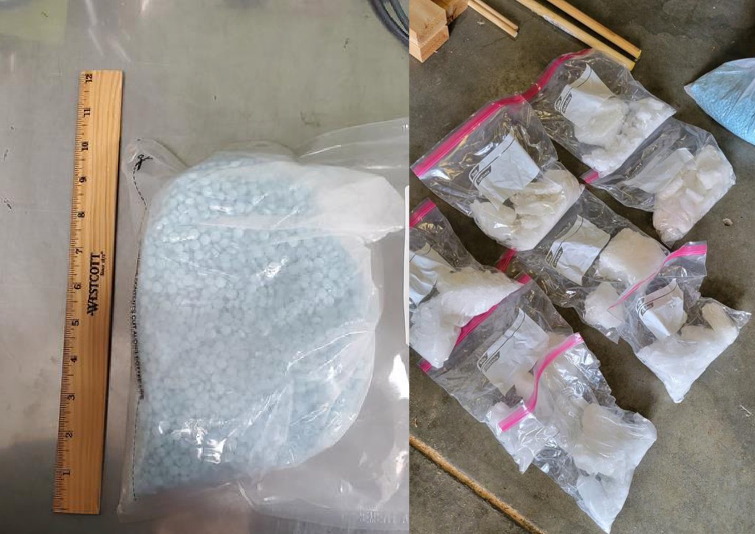 Local law enforcement have arrested two people and seized 8 pounds of suspected methamphetamine and 10,000 pills suspected to contain fentanyl following a traffic stop on northbound Interstate 5 near Centralia on Tuesday. 